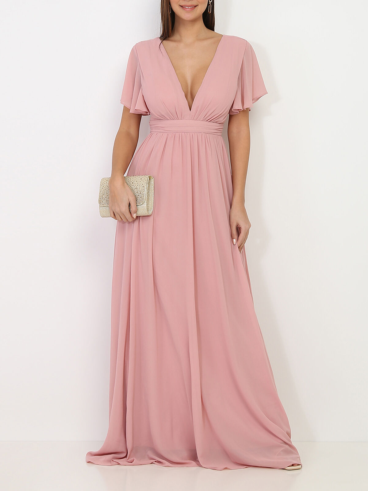Robe longue à manches papillons- Vieux rose