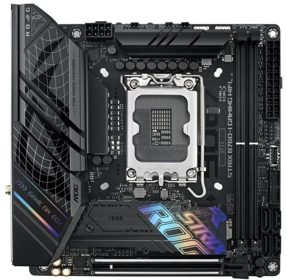 ASUS ROG STRIX B760-I GAMING WIFI - Bundkort - mini ITX - LGA1700 sokkel - B760 Chipset - USB 3.2 Gen 1, USB-C 3.2 Gen 1, USB-C 3.2 Gen 2x2, USB-C 3.2 Gen2 - 2.5 Gigabit LAN, Wi-Fi 6E, Bluetooth - onboard grafik (CPU påkrævet) - HD Audio (8-kanaler)