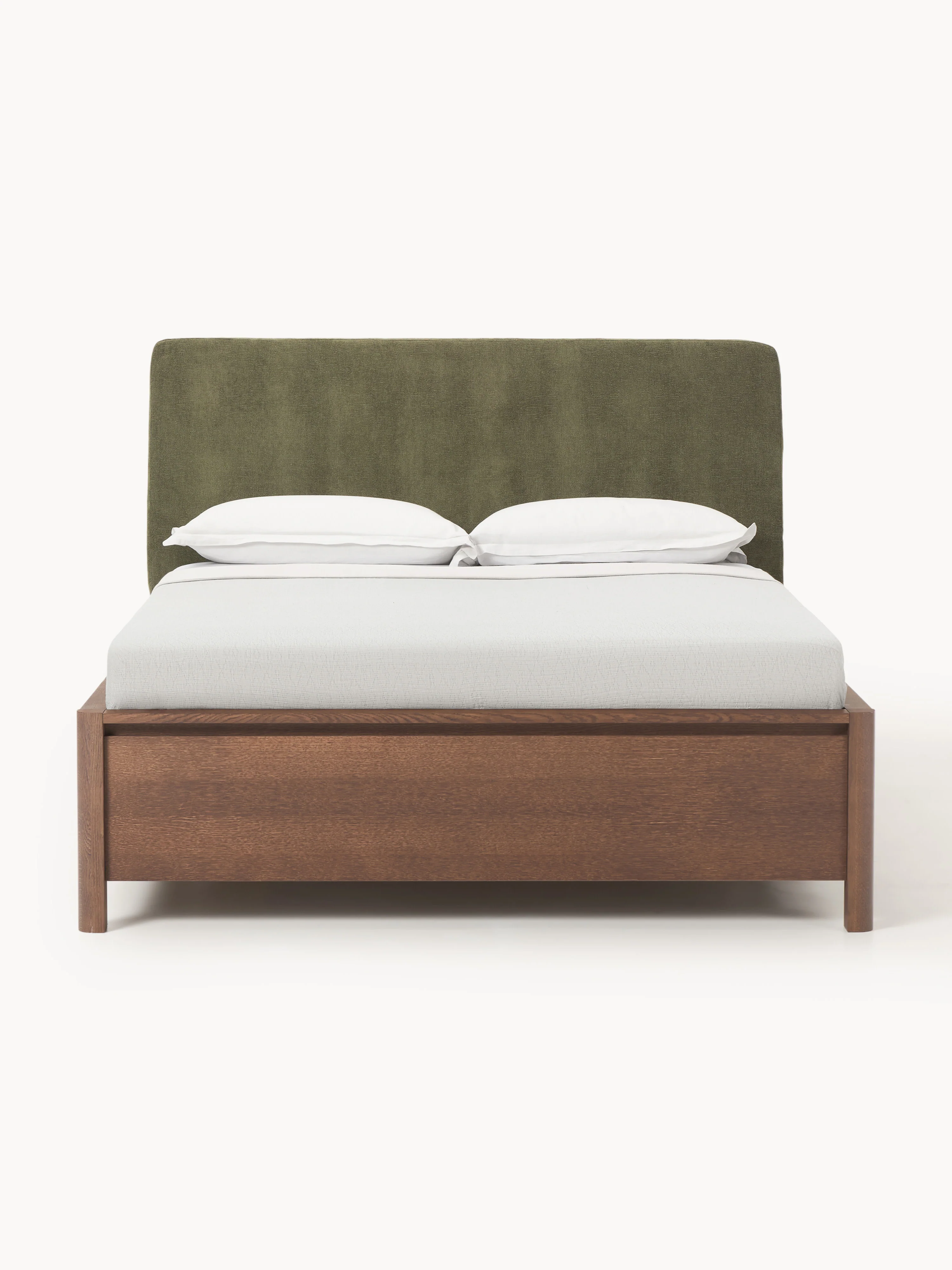 Houten bedframe Santiago met gestoffeerd hoofdeinde en lades