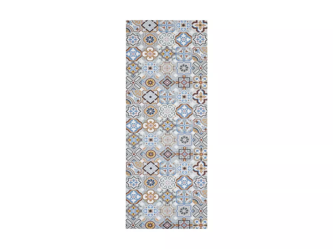 tapis cuisine 120x170 en PVC bleu et gris motif géométrique PKIT
