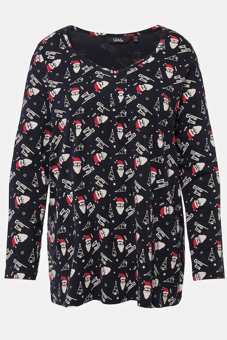 Shirt, Weihnachtsmuster, A-Linie, Herzausschnitt, Langarm