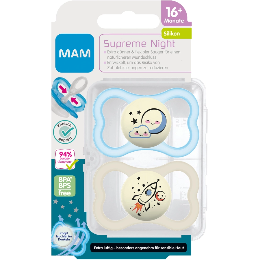 MAM Supreme Night Silikon, ab dem 16. Monat 2 Stück MondRakete in blaubeige