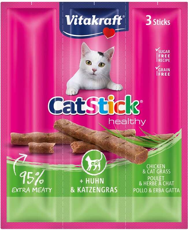 Vitakraft kattensnack Cat Stick kip en kattengras 3 stuks