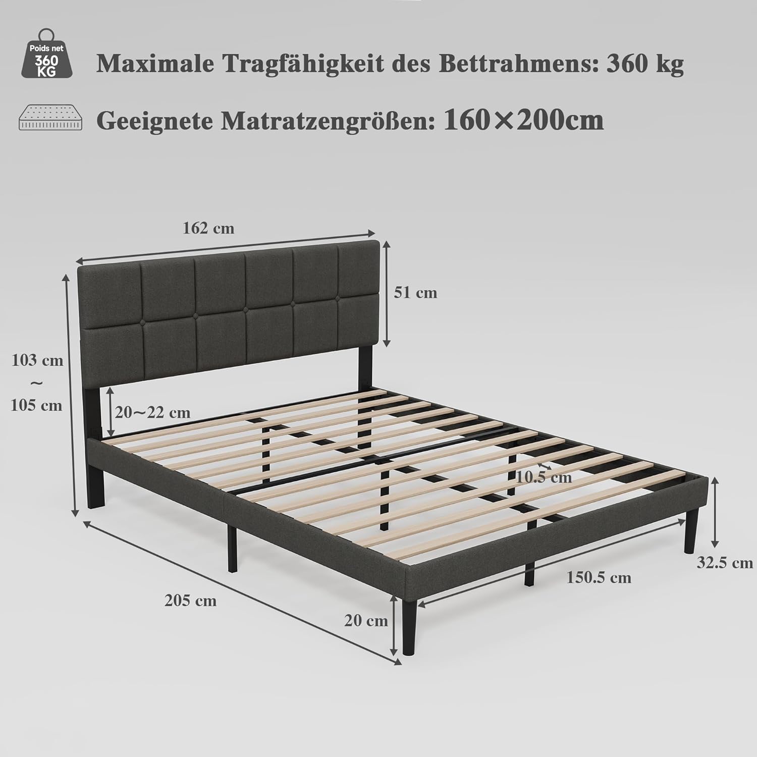 Z-hom Polsterbett 160x200cm Doppelbett, 32.5 cm Hohes Bett 160x200 mit Lattenrost aus Holz, Höhenverstellbares Kopfteil, Kompakte Verpackung & Einfache Montage