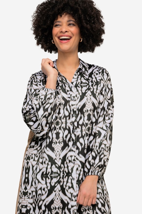 Longbluse, Alloverdruck, Hemdkragen, Langarm, Seitenschlitze