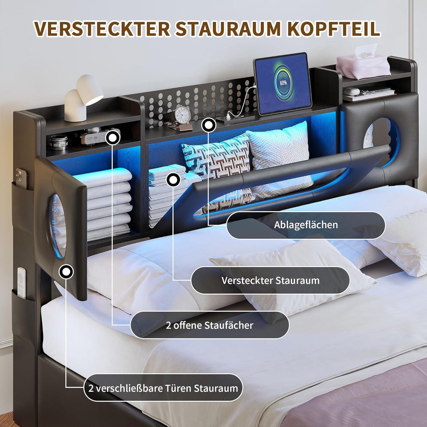 Boxspringbett 140x200 mit Stauraum, Schwarz Polsterbett Jugendbett mit USB/Type-C & LED-Beleuchtung, Versteckter Kopfteil-Stauraum & Lattenrost, Hydraulisch Doppelbett für Schlafzimmer(Ohne Matratze)