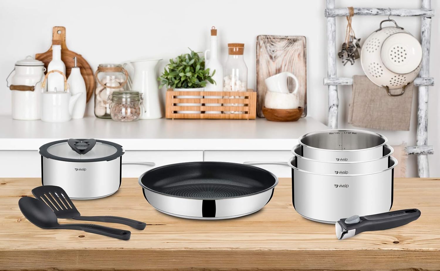 Seb Compact Inox Batterie de cuisine 10 pièces, Induction, Poêles 22/24/26 cm, Casseroles 16/18/20 cm, Sauteuse 24 cm, Couvercles 18/20 cm, 1 poignée L953SA04, Noir, argent, ‎35.4 x 35.29 x 26.8 cm