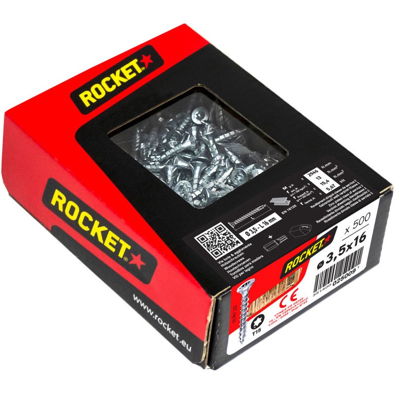 Vis à bois Rocket tête fraisée Torx (étoile) acier zingué, filetage total - Boîte de 500