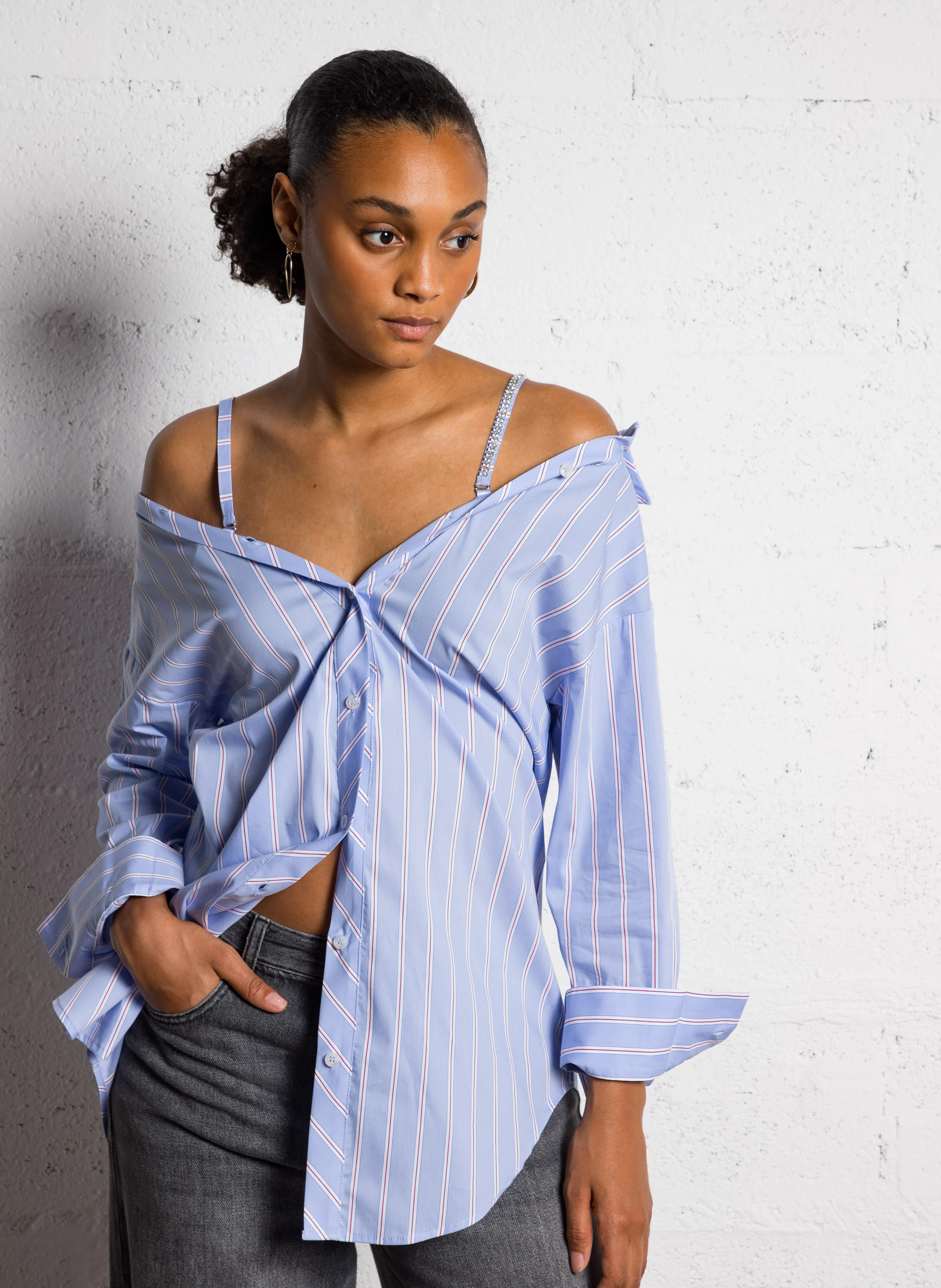 Chemise longue rayée en coton mélangé | Bleu