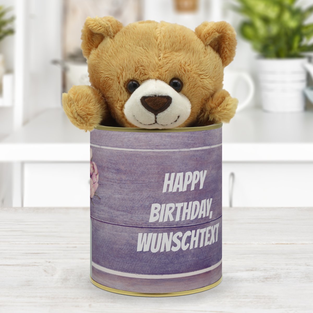 Personalisierte Geschenkdose - Teddybär (Motiv: Vintage Blumen)