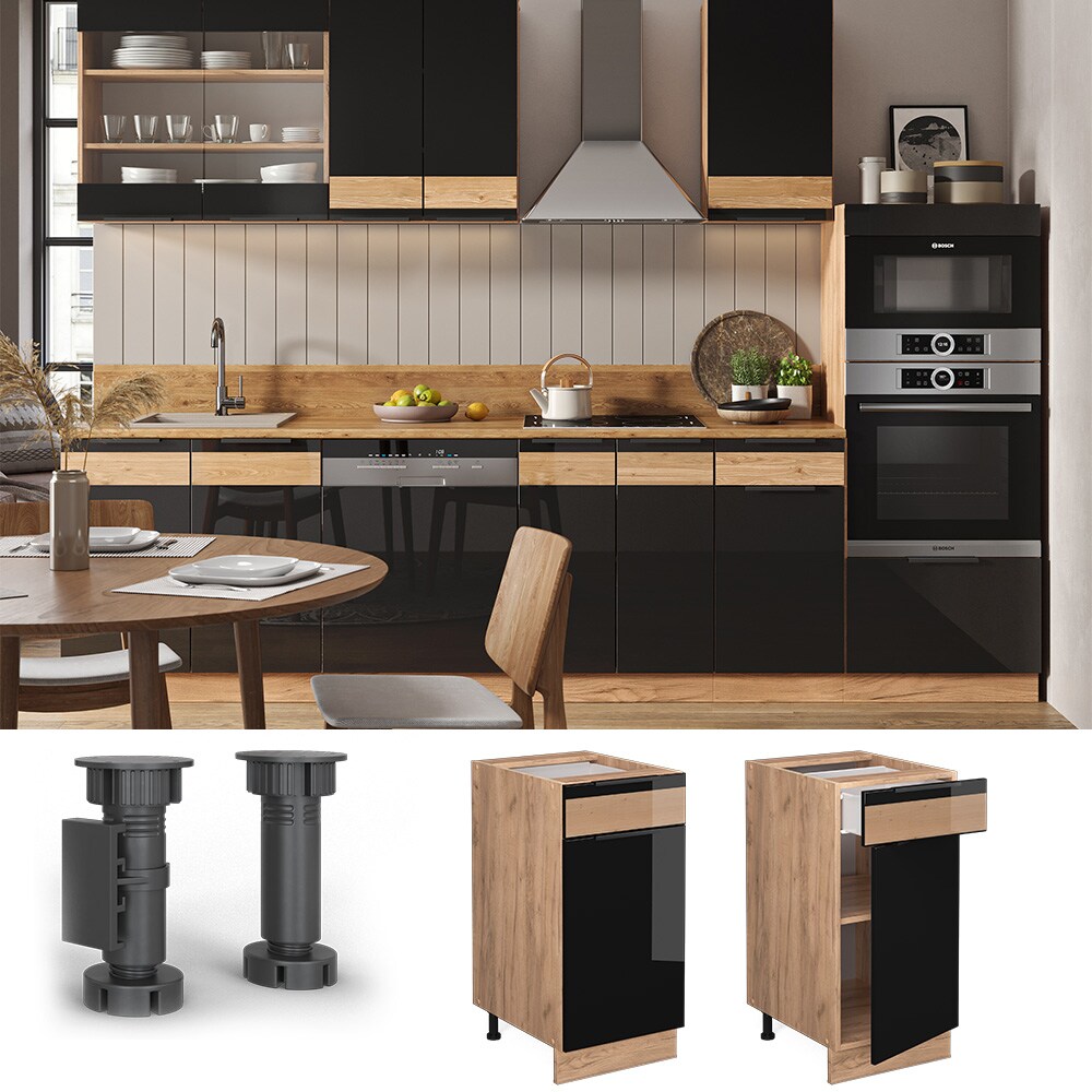 Vicco Schubunterschrank Küchenschrank Küchenmöbel Fame-Line Eiche Schwarz 40 cm modern Hochglanz