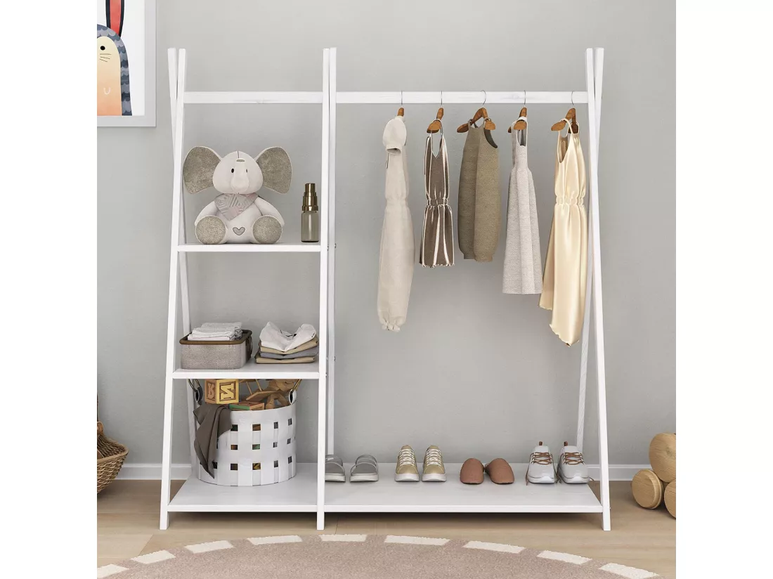Penderie enfant LOTTE avec 3 étagères Montessori en bois massif blanc 108x115x47 cm, idéale pour garde-robe compact