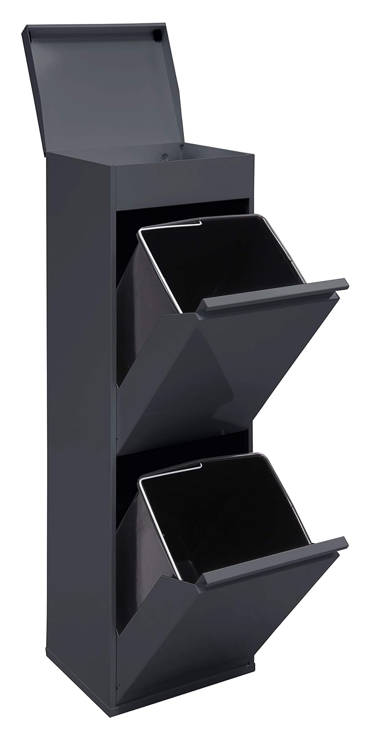 ARREGUI Top CR224-B Mülltrennsystem aus Stahl mit Aufbewahrungsbox mit Deckel | 2 Fächer Mülleimer für die Küche | 2x17 L (34 L) | 2 Fach Abfalleimer | Herausnehmbare Inneneimer mit Griff | anthrazit