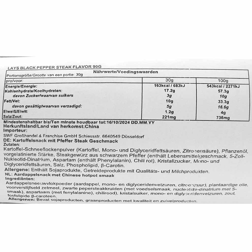 Lays Kartoffelchips Black Peppew & Rib Eye Steak 90g MHD:4.2.25