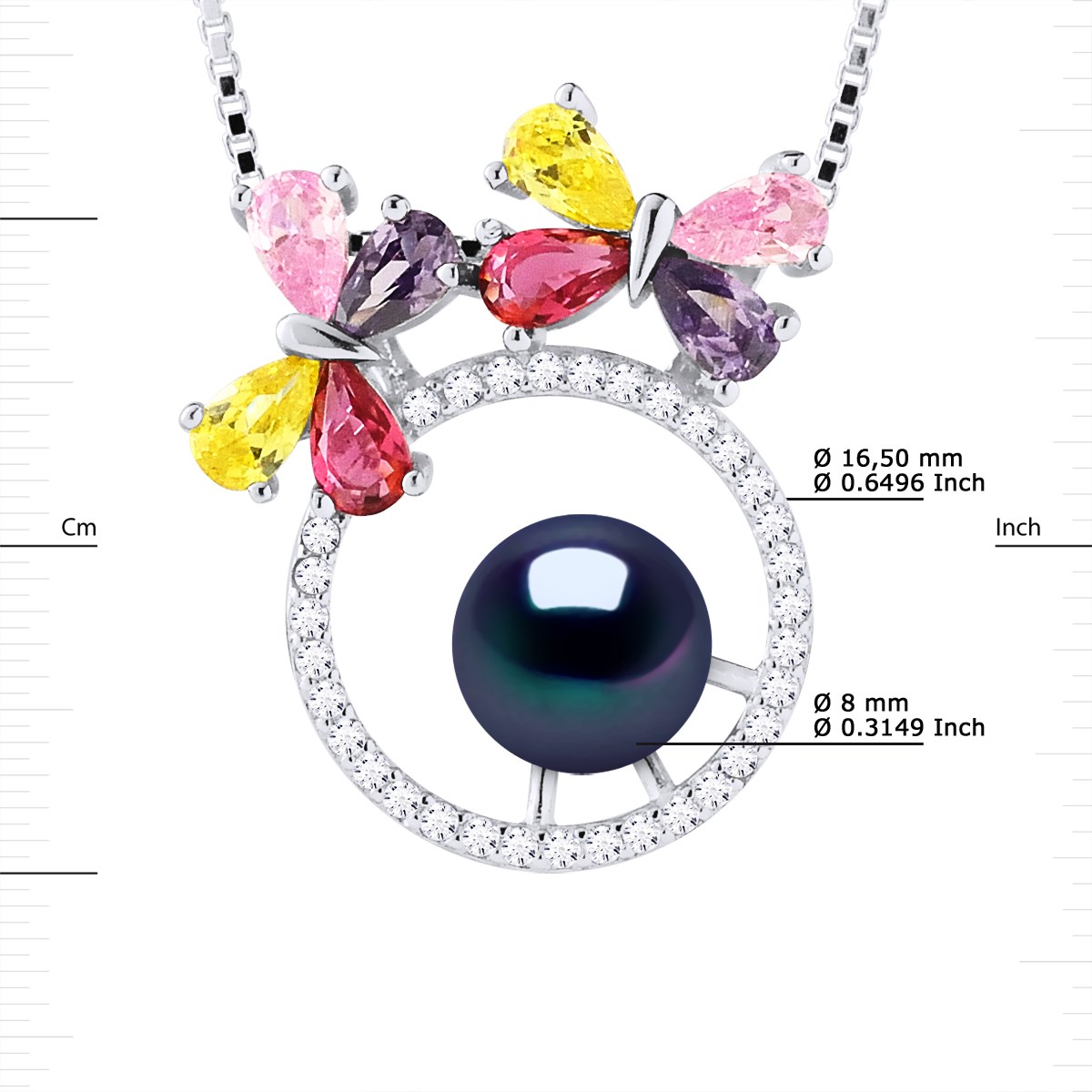 Collier PAPILLONS Perle d'Eau Douce Ronde 8-9 mm Noire Argent 925