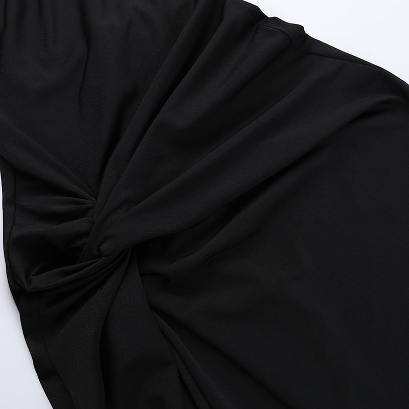 Leandrillo - Maxi-jurk met korte mouwen, asymmetrische hals, effen knoop, gerimpelde split en split