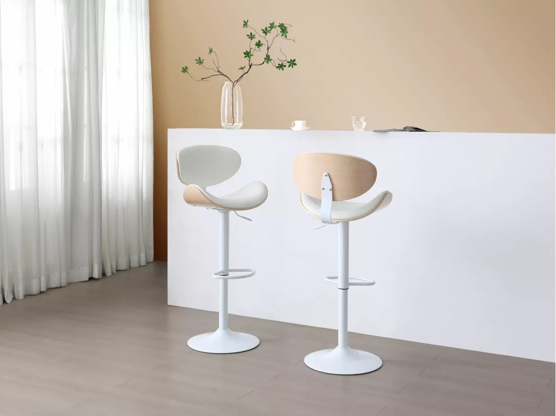 Tabouret de bar en simili, placage chêne et métal - Hauteur réglable - Naturel clair et Blanc - MONTENEGRO