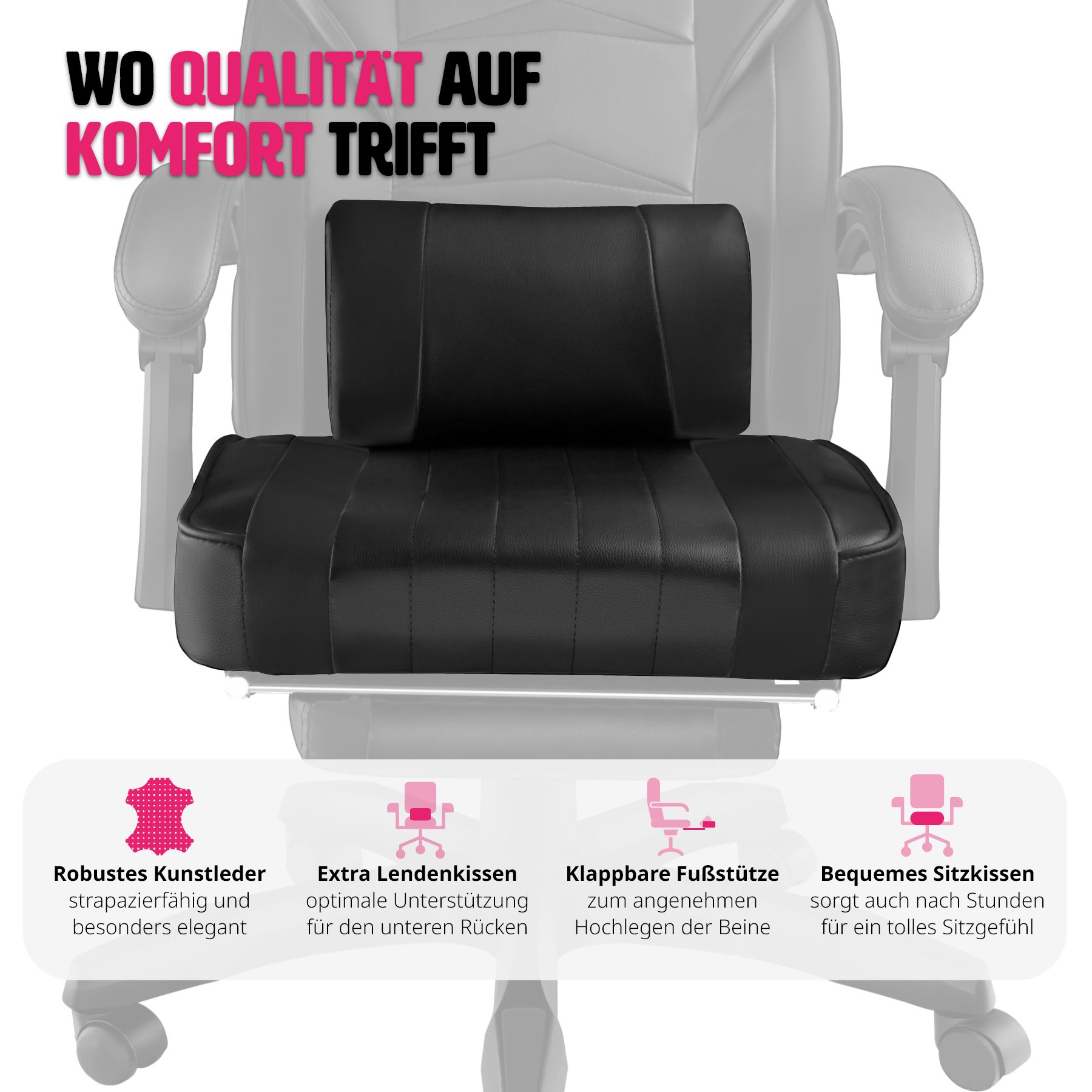 tectake® Racing Bürostuhl, ergonomische Form, mit Fußstütze und verstellbarer Rückenlehne, Kunstlederbezug, inklusive abnehmbarem Lendenkissen, inklusive Lendenkissen, Belastbarkeit 120 kg