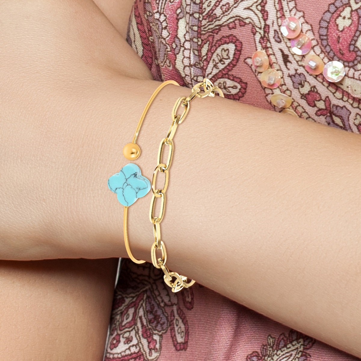 Lot de 2 bracelets SC Bohème en Laiton Finement doré orné d'une pierre naturelle Turquoise