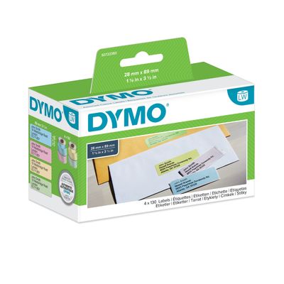 Dymo LabelWriter - Ruban d'étiquettes auto-adhésives - 4 rouleaux de 130 étiquettes (28 x 89 mm) - fond bleu, fond rose, fond jaune et fond vert écriture noire