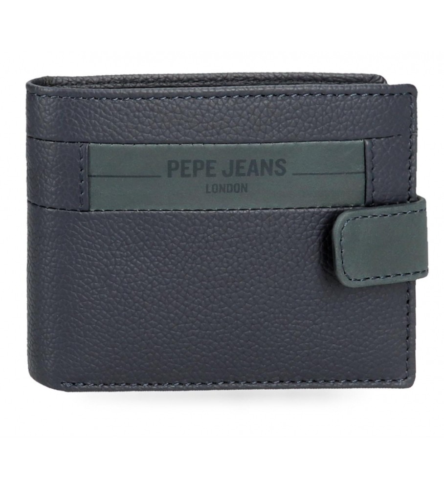 Carteira vertical Pepe Jeans Checkbox em couro azul marinho com fecho de pressão.