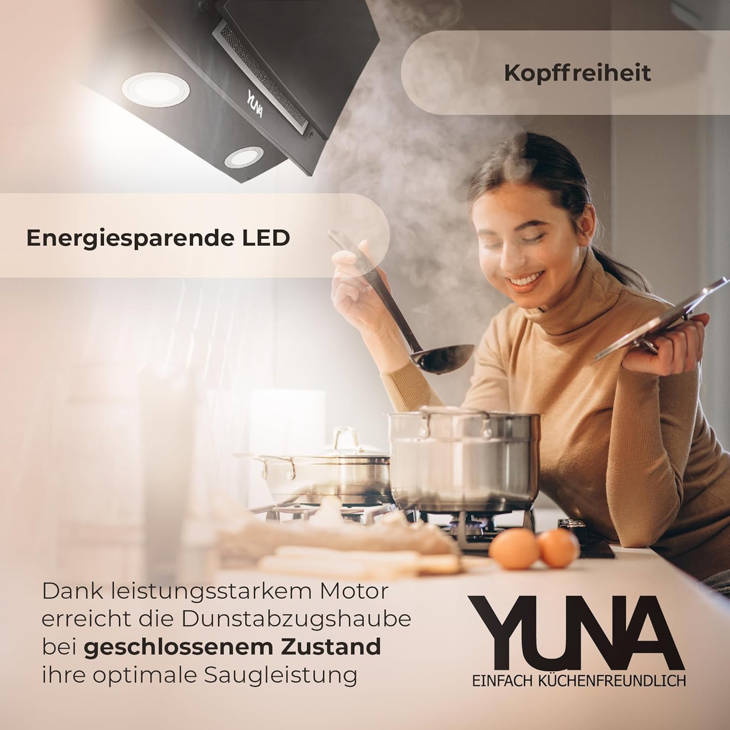 YUNA Dunstabzugshaube SIVA 1360Y 60cm matt schwarz Glasfront 3 Stufen Kopffreihaube Abzugshaube Wandhaube LED Beleuchtung Abluft Umluft