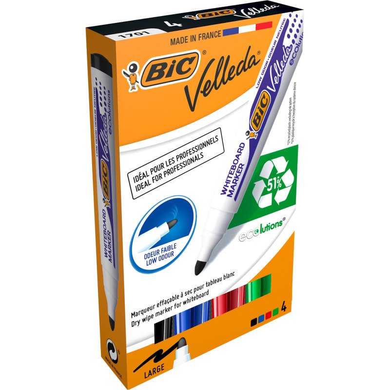 Marqueur effaçable Bic Velleda 1701 pointe ogive 4,95 mm - Boîte de 4 couleurs assorties