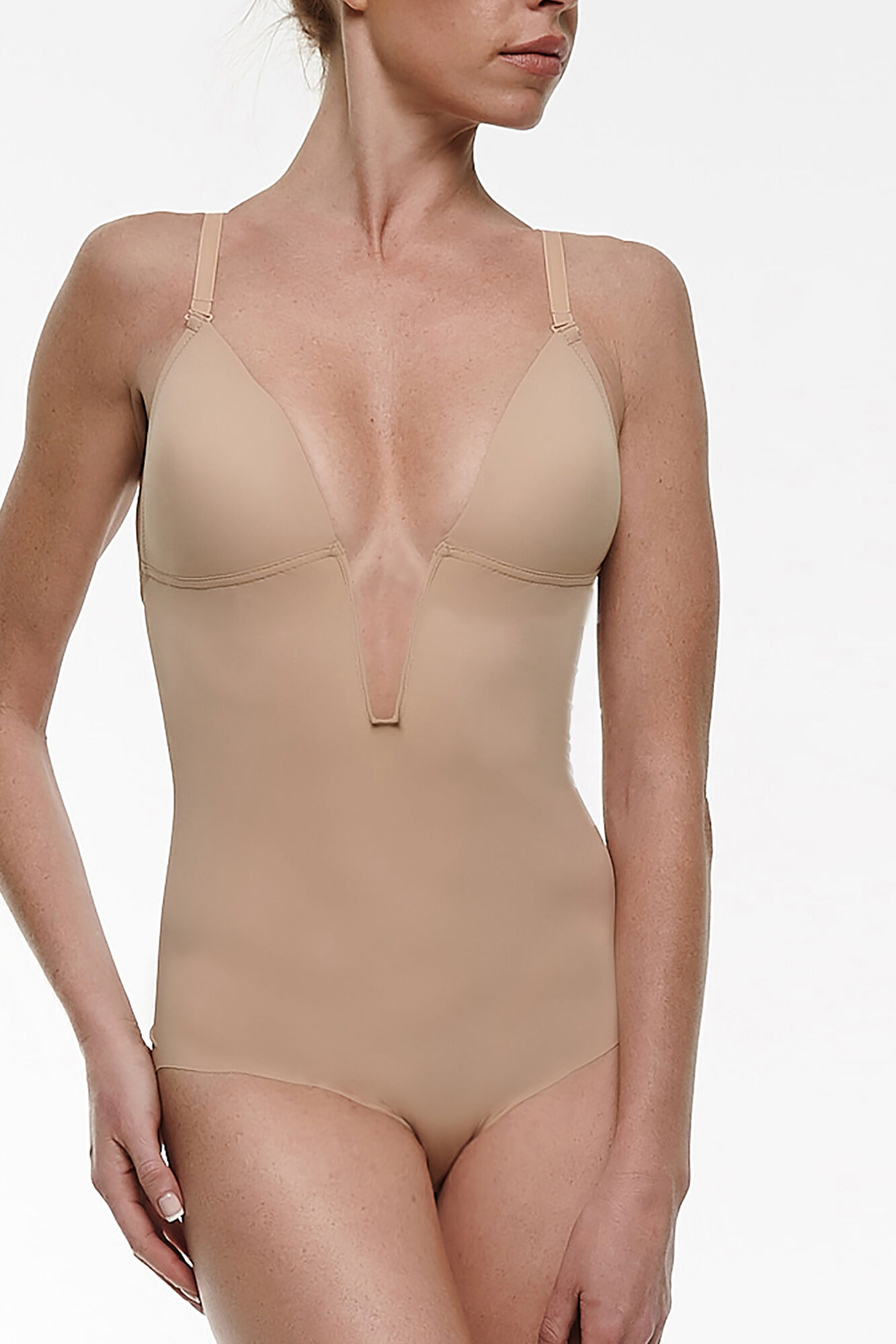 Body de noiva Ivette Bridal sem costas com decote profundo em estampa nude (tamanho D)