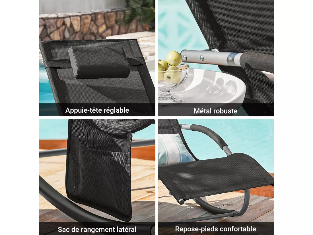 SoBuy OGS28-Sch Fauteuil à Bascule en Métal Chaise Longue Transat de Jardin Transat de Relaxation Bain de Soleil Rocking Chair - Repose-Pieds Intégré - Noir