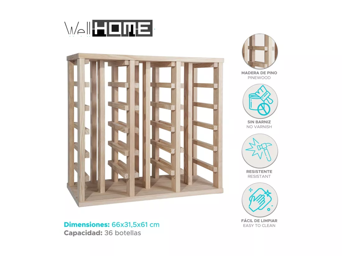 WELL HOME - Casier à bouteilles en bois de pin 36 étagères NON VERNI