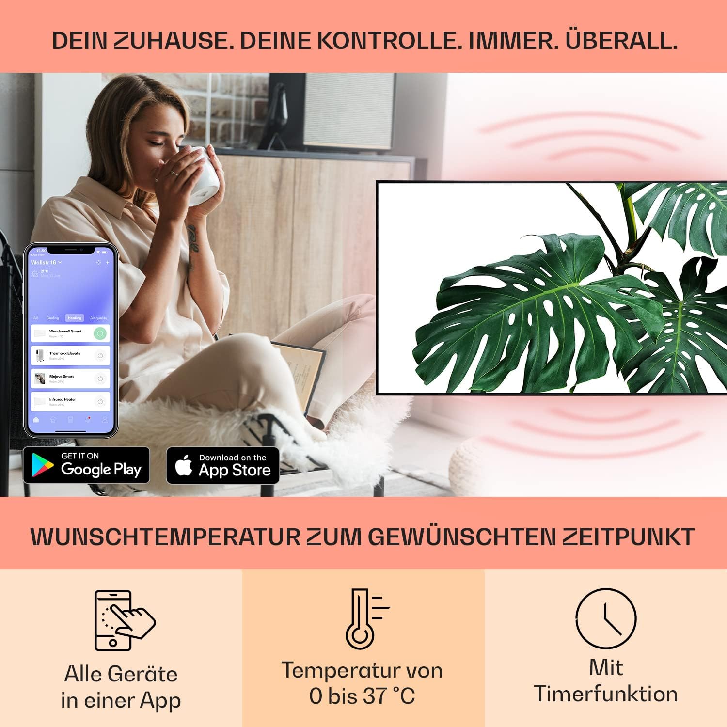 Klarstein Air Art Smart Infrarotheizung, Infrarot Heizung mit IoT/WiFi App-Steuerung, Erkennung Offener Fenster, Infrarotheizung mit Thermostat, Heizung zur Wandmontage, CO2-Freie Elektroheizung 700W