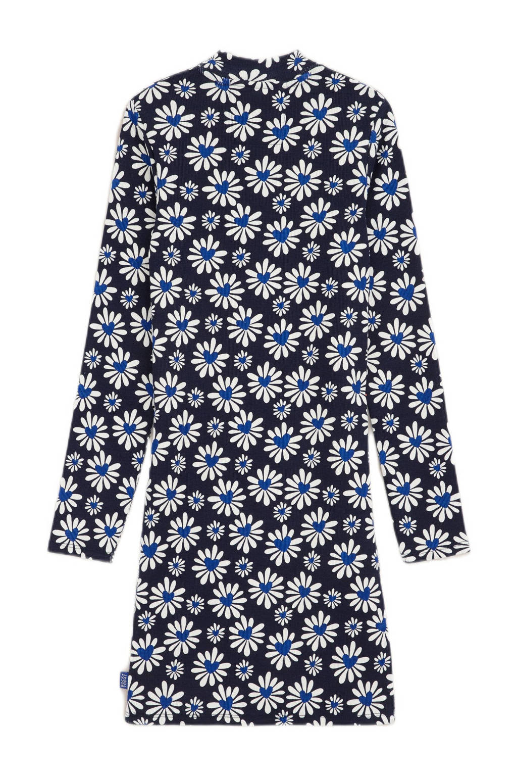 WE Fashion gebloemde bodycon jurk donkerblauw/blauw/wit