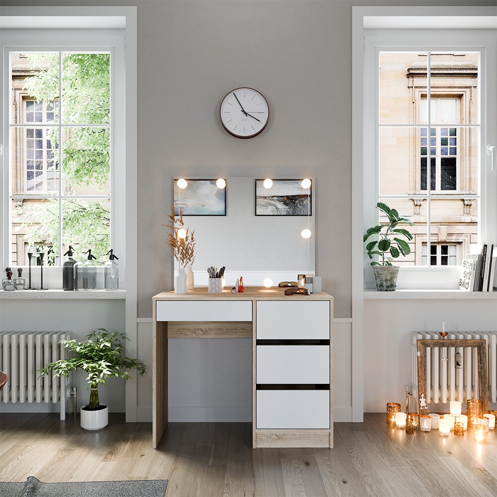 Vicco Schminktisch Sherry Sonoma Weiß, 90 x 75 cm, Spiegel, LED, Frisiertisch