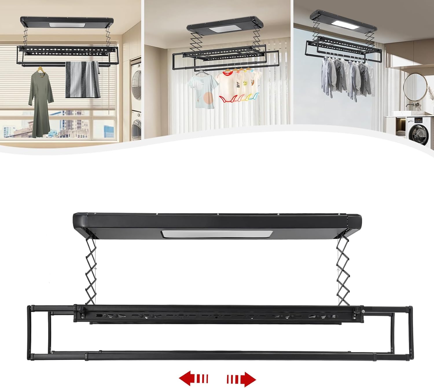 Elektrischer Wäscheständer Deckenmontage, Hebender Wäascheständer Decke mit Fernbedienung + LED-Beleuchtung, Kleiderstange 130-215 cm Einstellbare, 20m Fernbedienung (Schwarz)