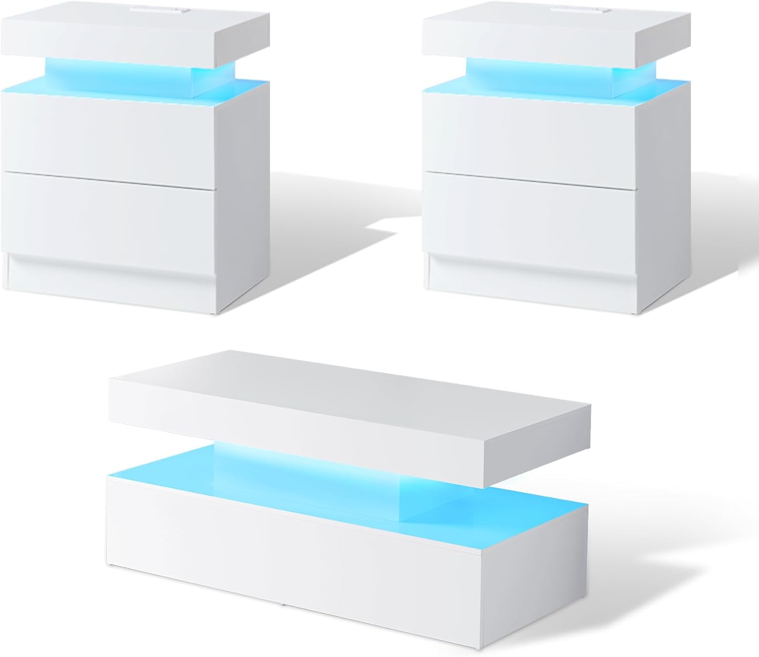 2er-Set Hochglanz Nachttisch mit LED & Ladestation, Moderne Nachtschränke mit 2 Schubladen, Weißer Beistelltisch für Schlafzimmer & Wohnzimmer, 58x40x35 cm