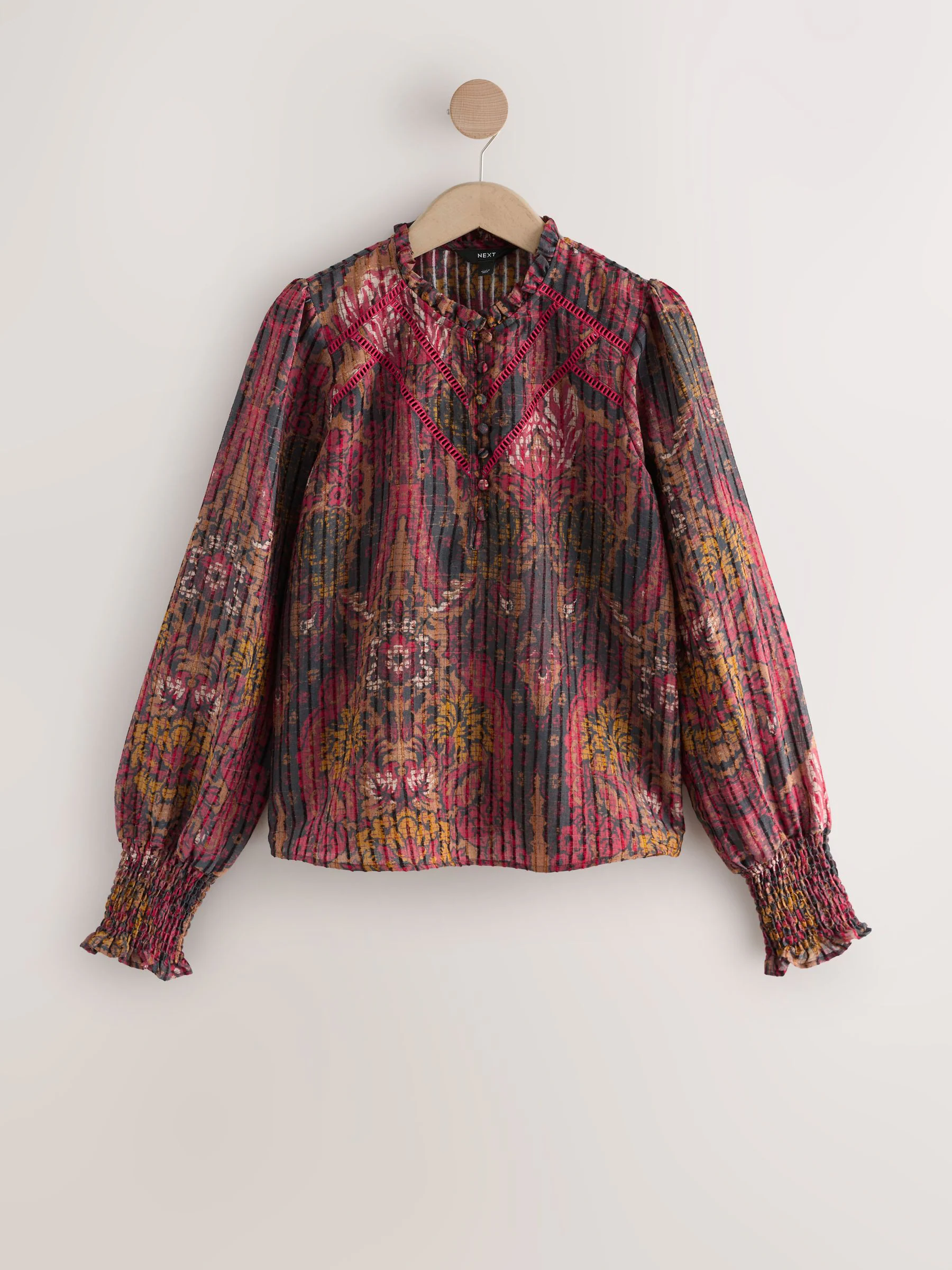 Rode abstracte bloemenprint - Chenille blouse met ladderinzet en lange mouwen