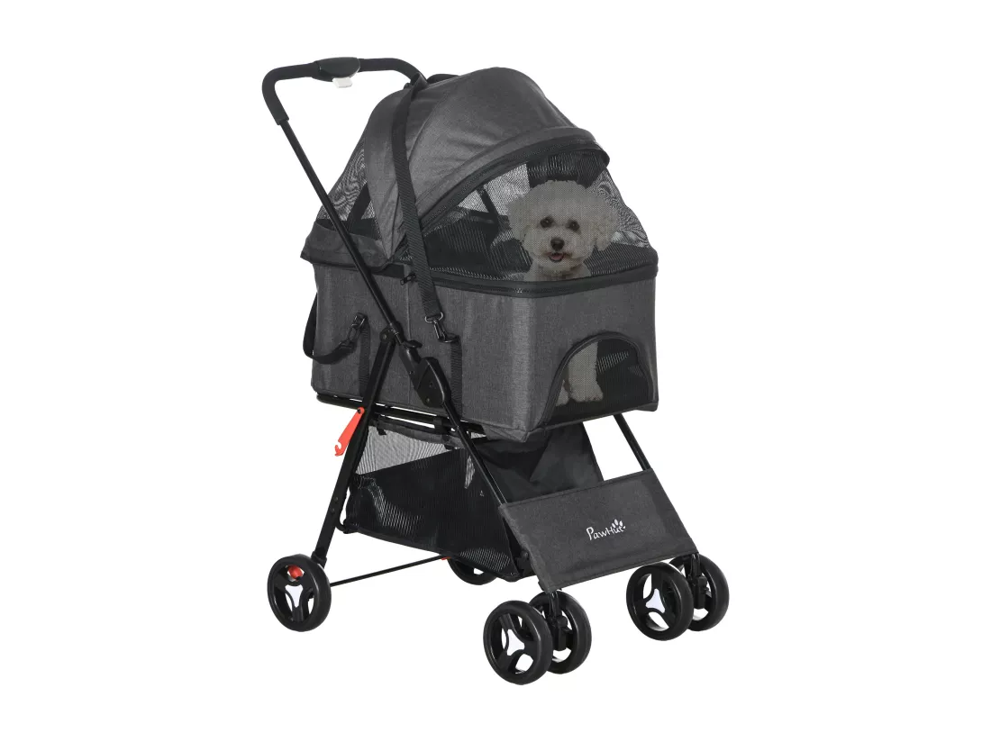 Poussette pour chien 3 en 1 - poussette buggy, panier de transport, panier voiture - acier noir Oxford gris