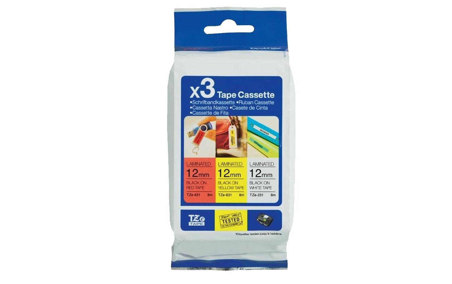 Beschriftungsband TZe-31M3 Schwarz auf Gelb/Rot/WeissMultipack mit TZe231, TZe431, TZe631