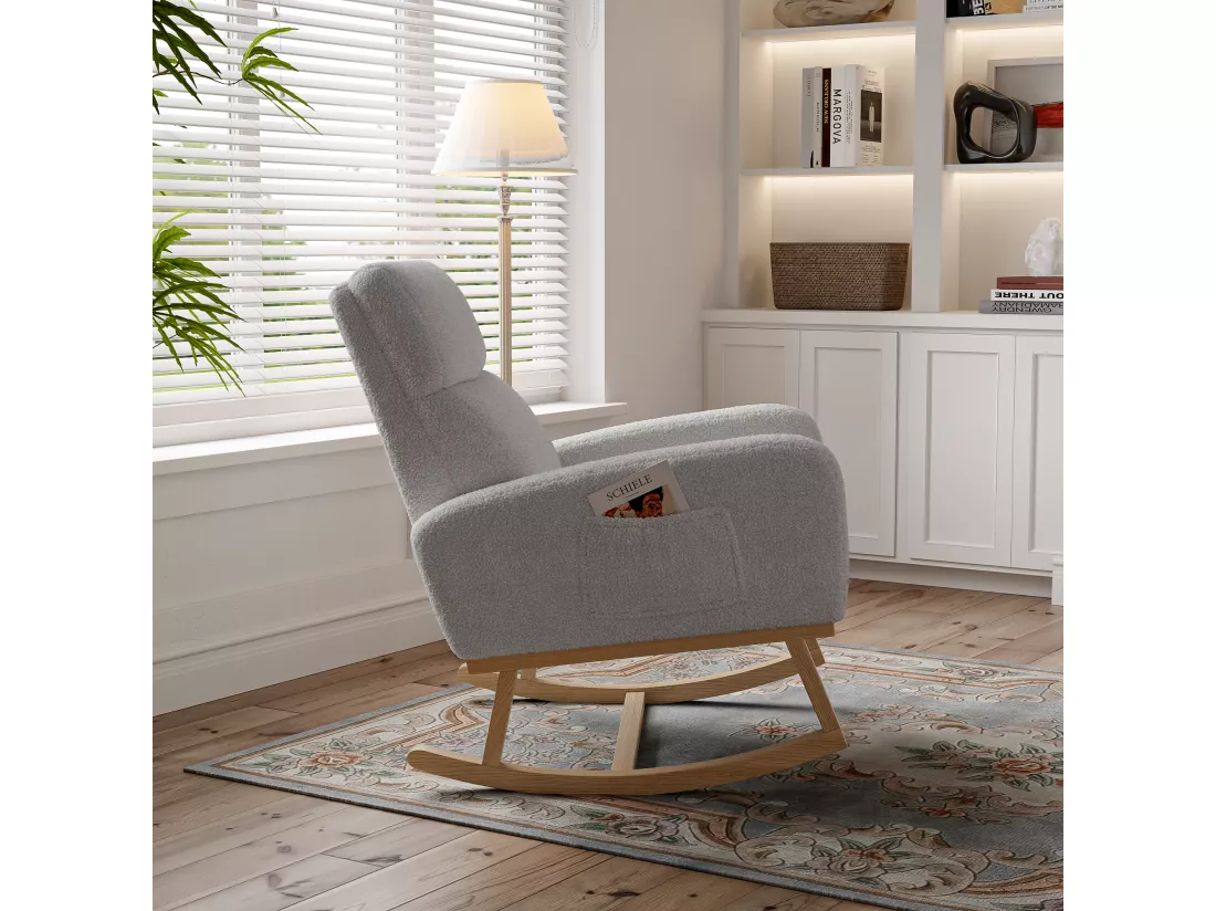 Fauteuil à bascule en bois massif, fauteuil à bascule recouvert de laine avec poches à côté des accoudoirs, Gris clair