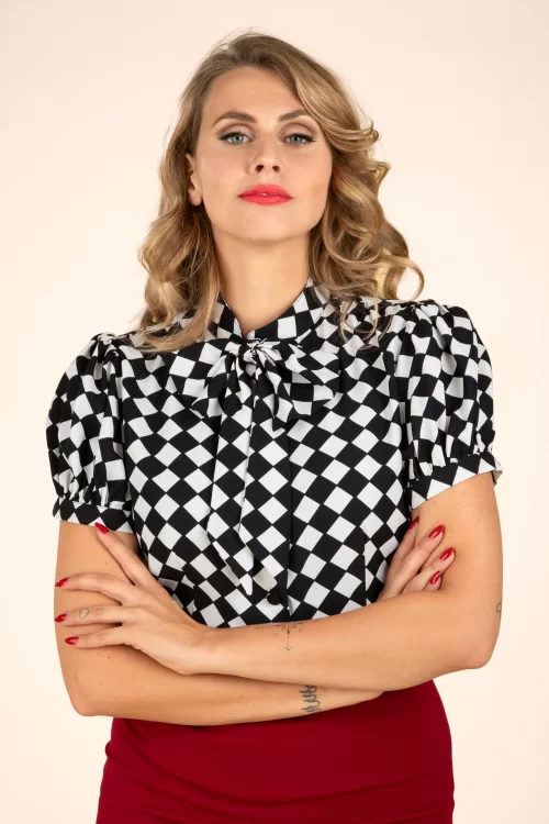 Vixen Harlequin blouse in zwart en wit