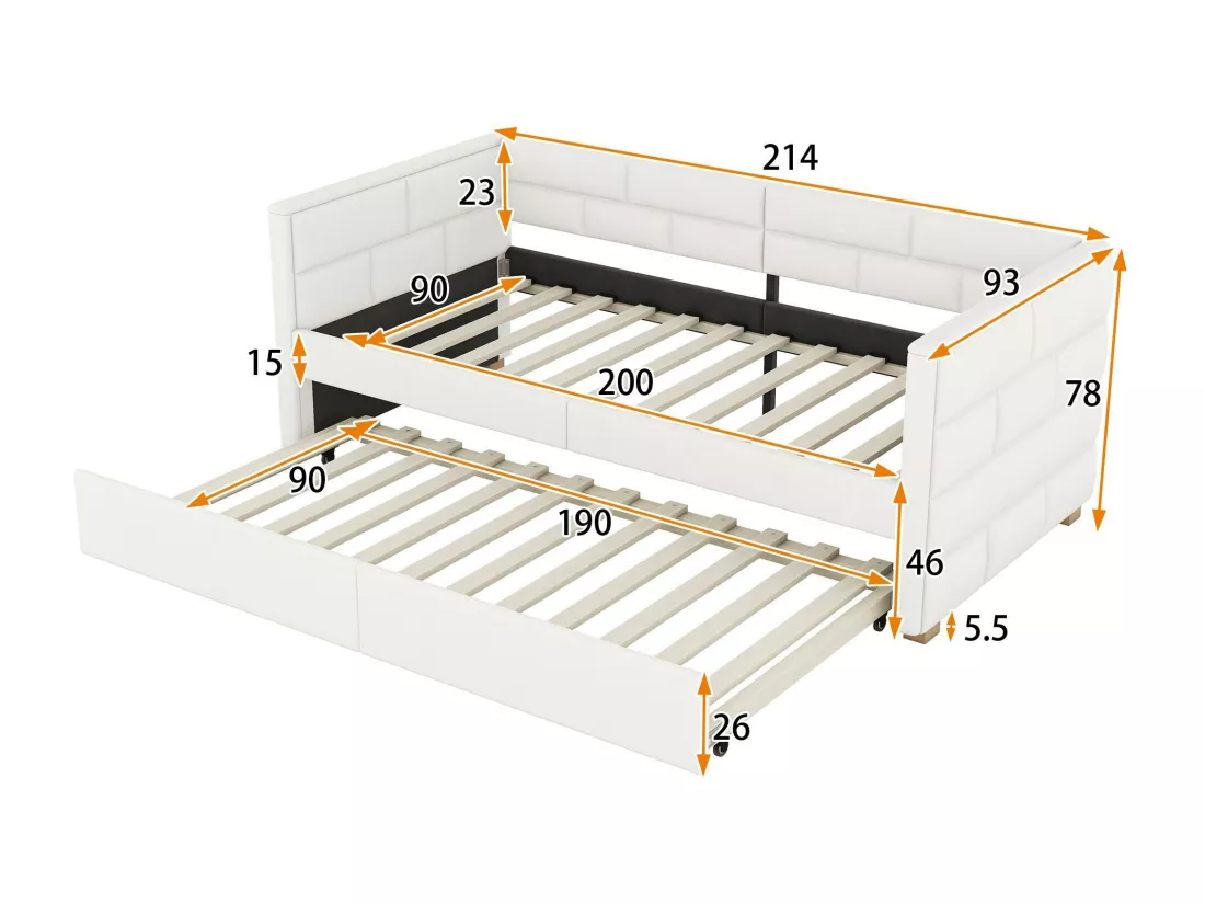 Lit banqueet avec lit gigogne 90x190/200cm - en tissu lin - Beige