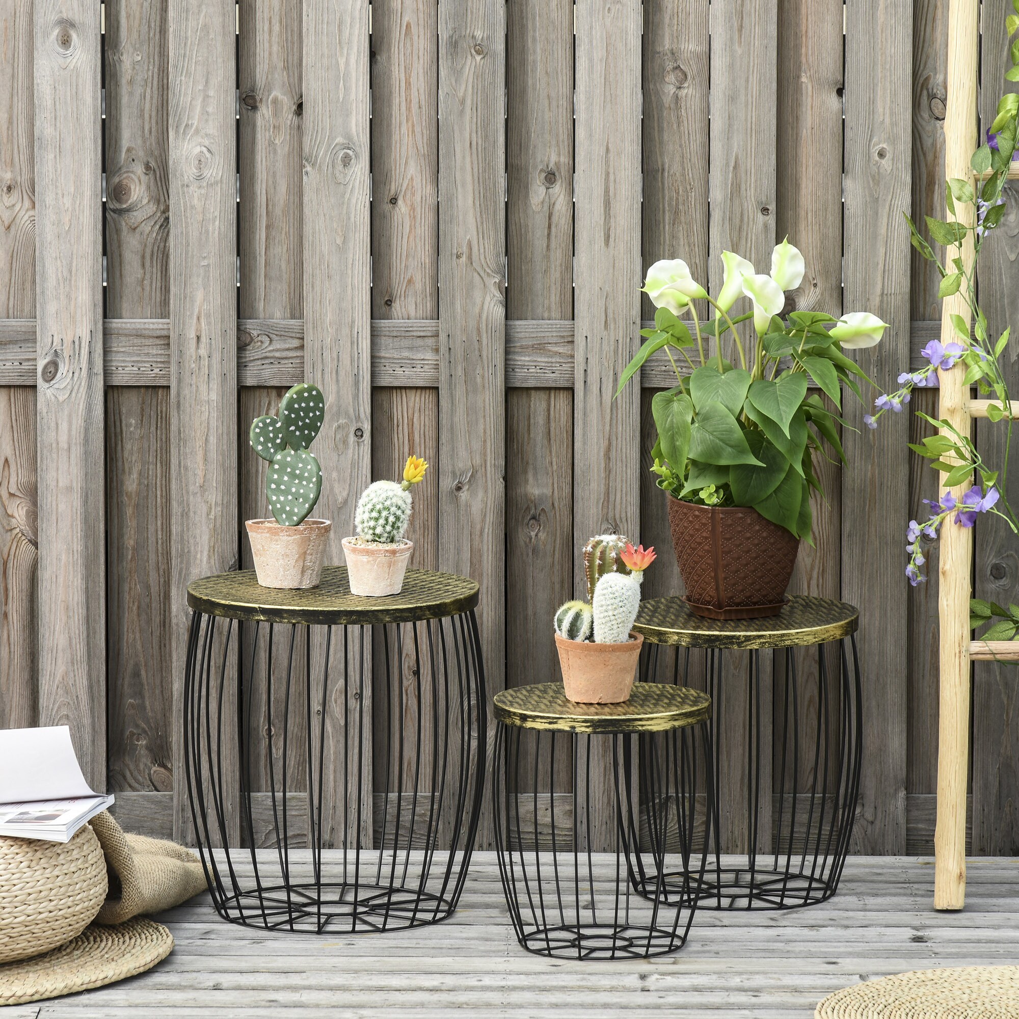 Outsunny Beistelltisch-Set mit Drahtgestell schwarz Ø38 x 41H cm