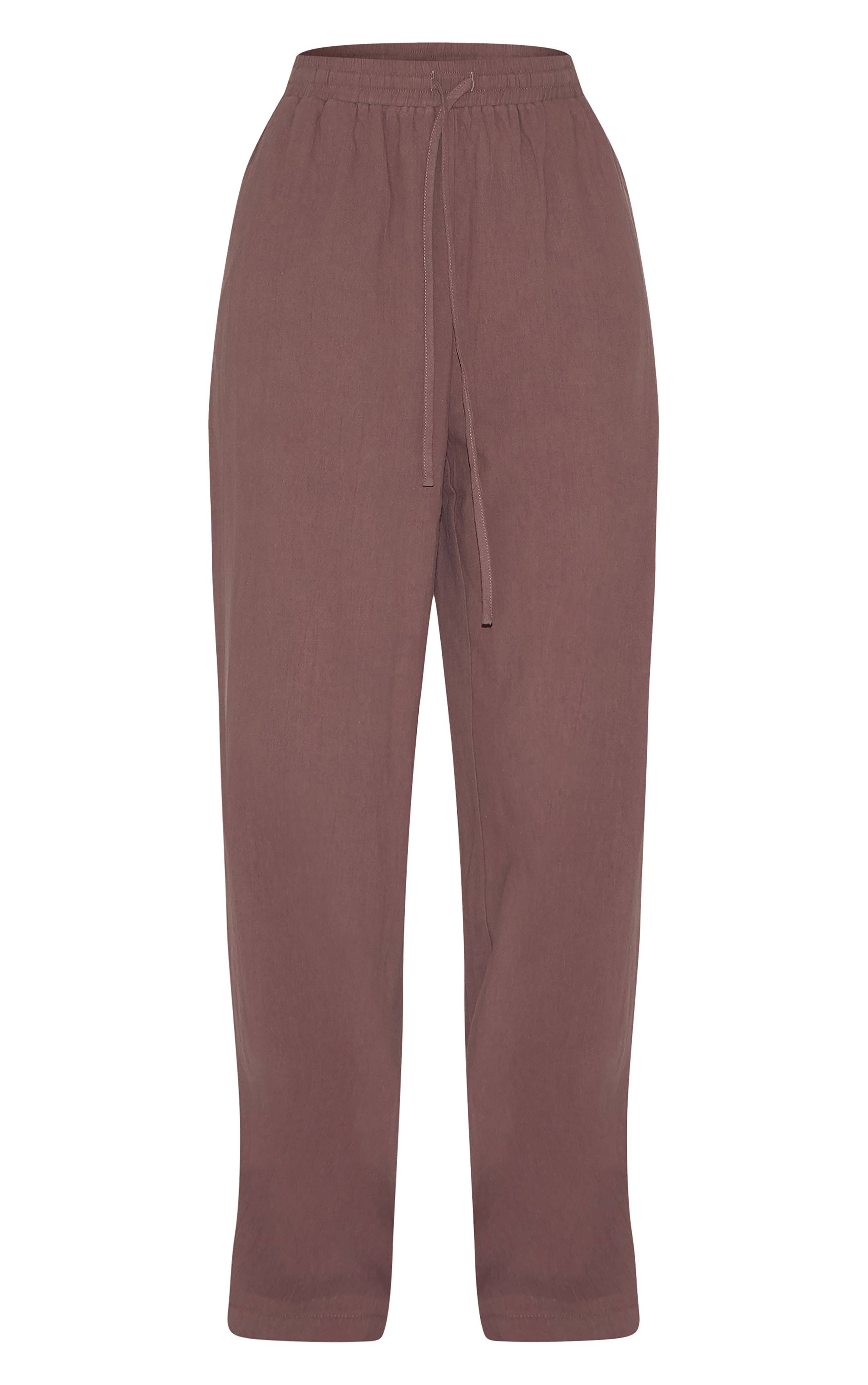 Marron Foncé Pantalon Large À Cordon De Serrage Aspect Lin Taillé