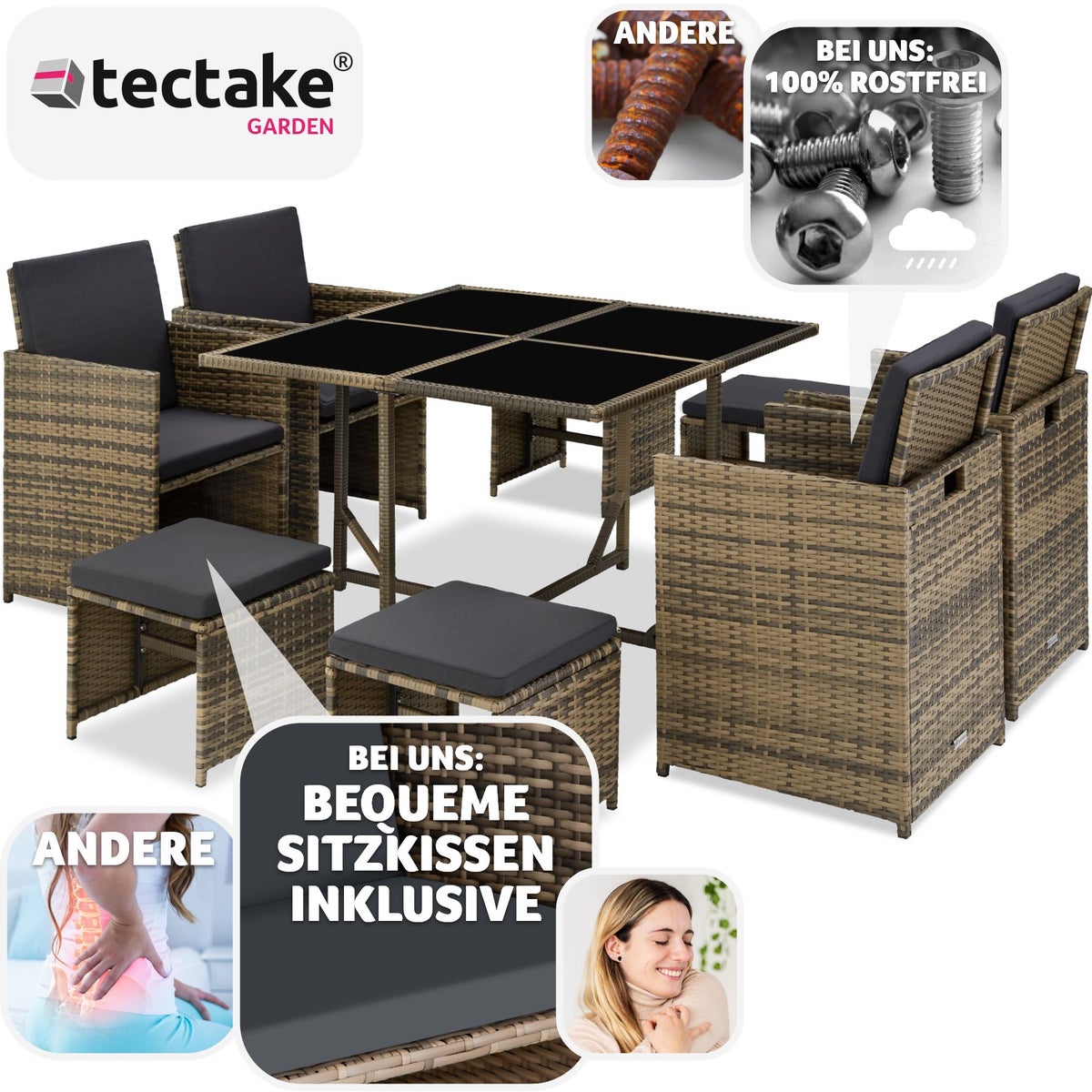 tectake Bilbao rotan zitgroep voor 4 tot 8 personen, inklapbaar, inclusief beschermhoes