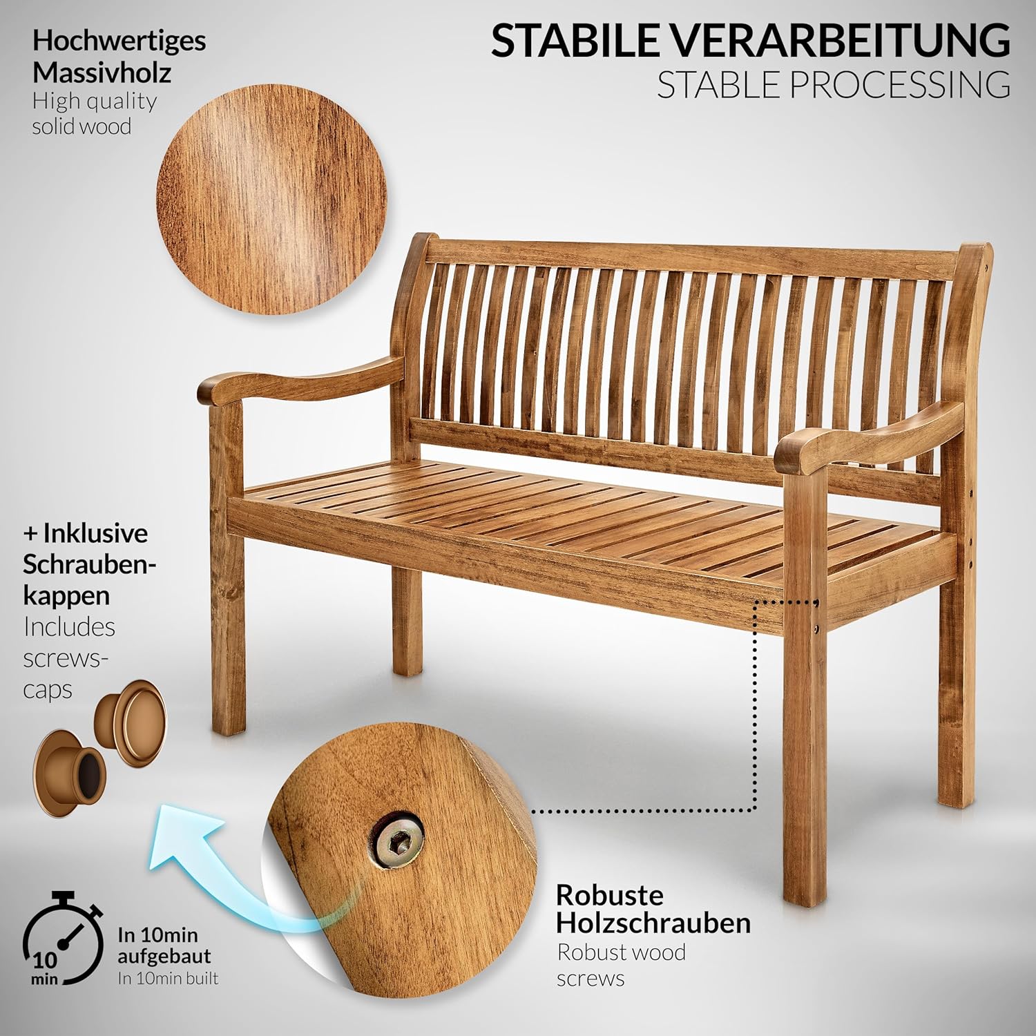 tillvex Gartenbank Holz 3-4 Sitzer inkl. Abdeckung wetterfest 150 cm | Parkbank Massivholz | Balkonbank Sitzbank 320 kg belastbar | Holzbank Gartenmöbel für Balkon, Terrasse & Garten