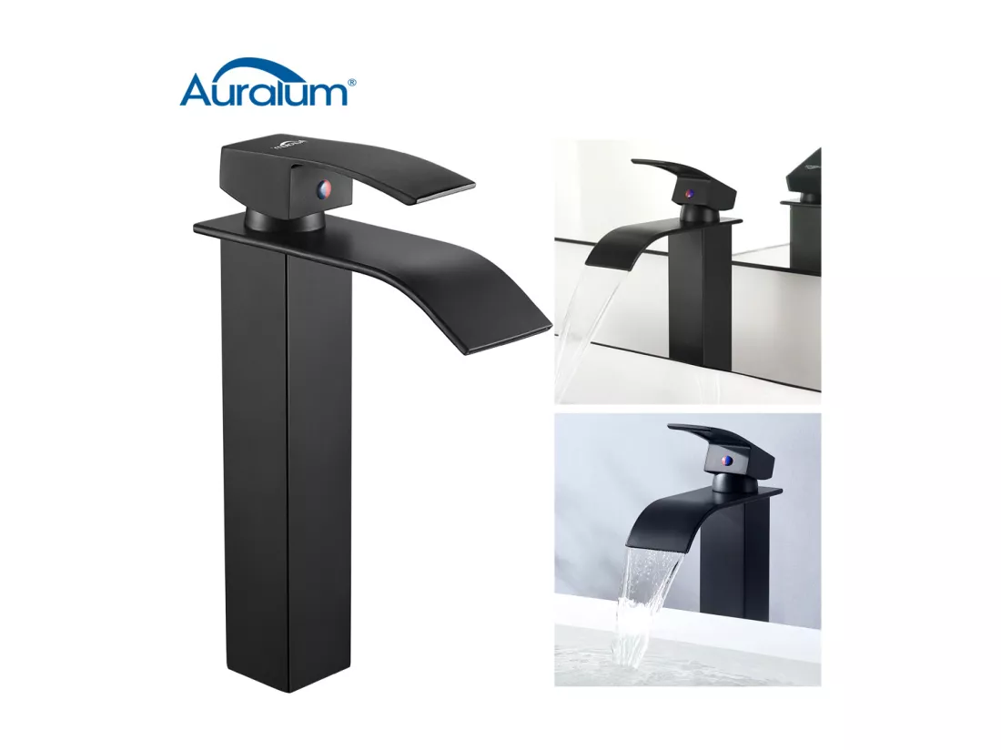 Mitigeur Lavabo Cascade Noir Moderne pour Vasque à Poser Robinet pour Lavabo et Vasque Salle de Bain Robinetterie Mitigeur Eau et Froide,EU Modèle