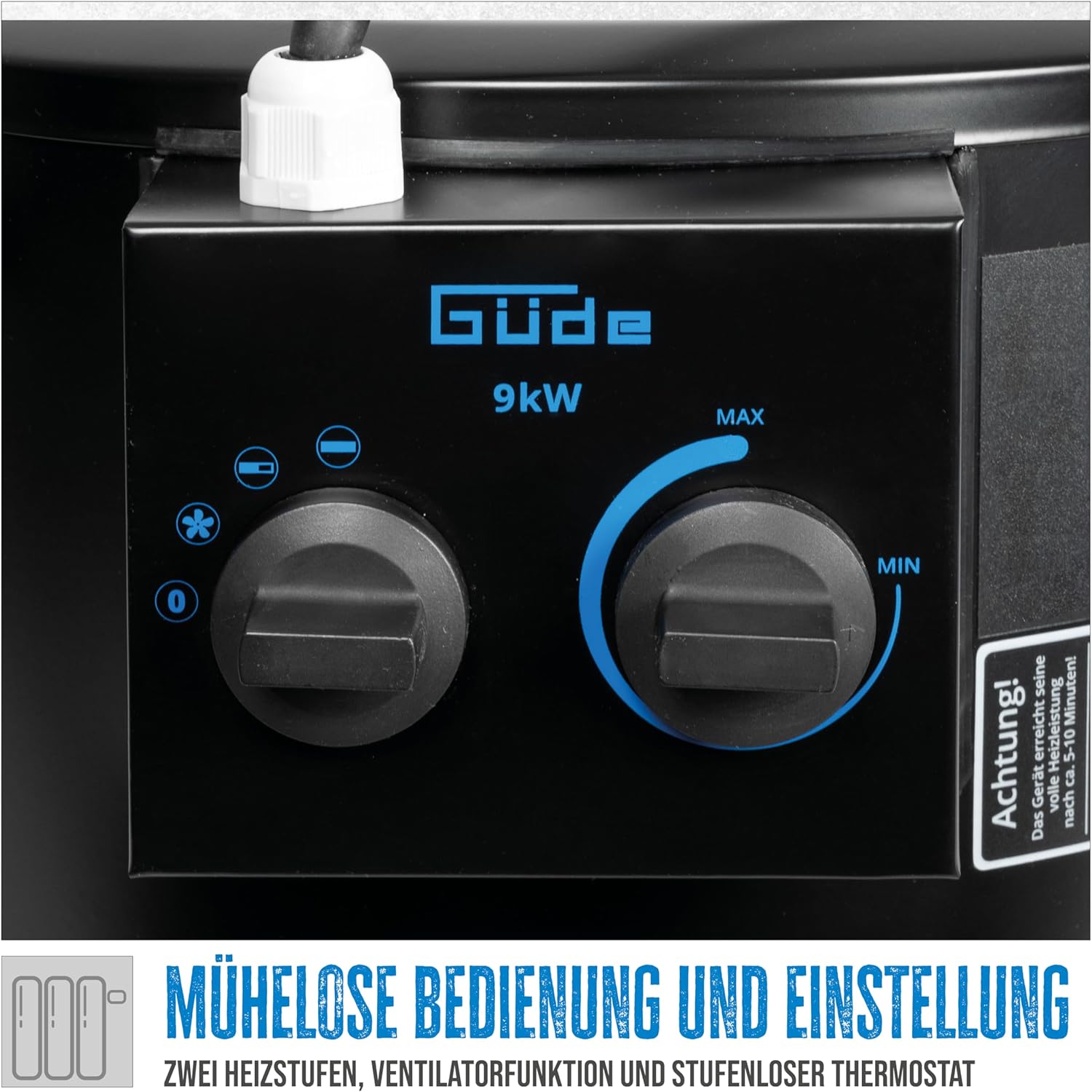 Güde Elektroheizer GH 9 E (9 kW, 2 Heizstufen 4,5/9 kW, Ventilatorfunktion, Gebläseleistung 742 m³/h, Neigungs- und Ausblaswinkel, Überhitzungsschutz, Kippschutz, stufenloser Thermostat)