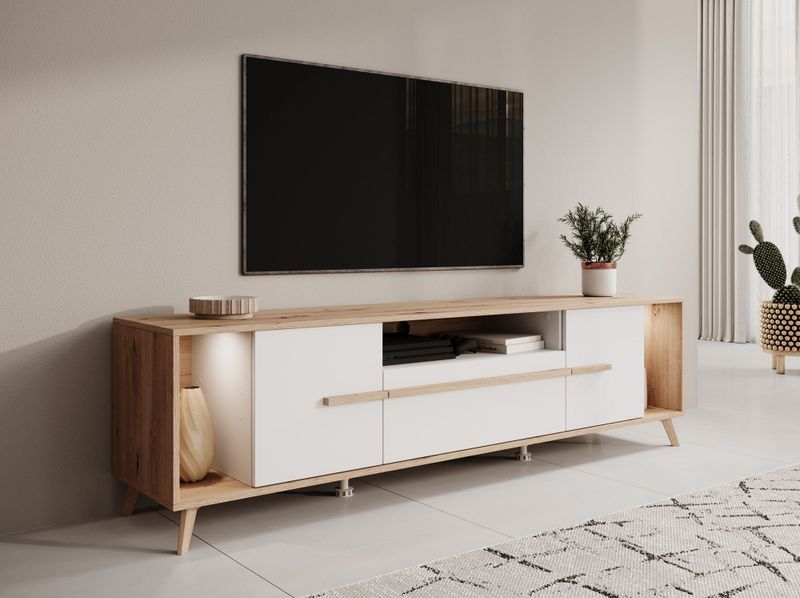 Meubella - TV-Meubel Oswald - Wit - 189 cm - Inclusief LED-verlichting