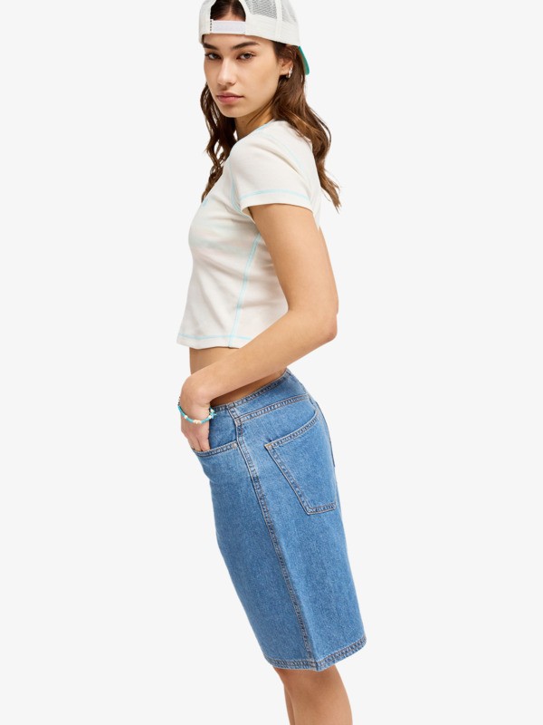 Cool Girl Longline Short en denim Bleu Femme