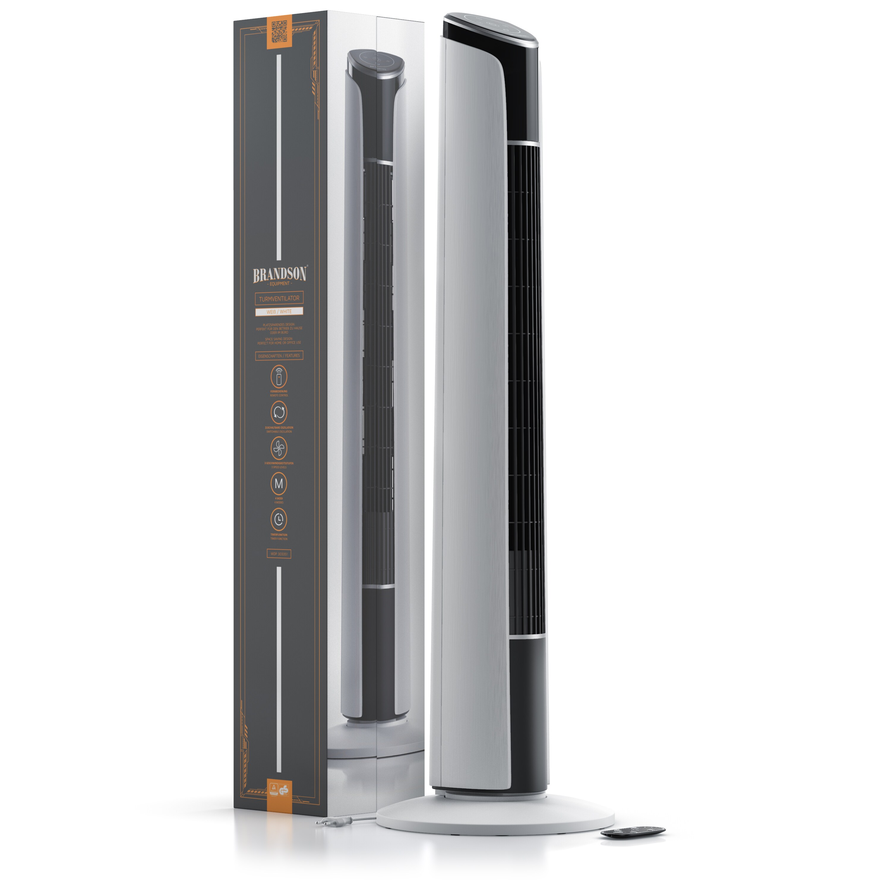 Brandson Turmventilator, Ventilator 10 Grad neigbar, 108 cm, GS, 4 Lüftungsmodi, Standventilator mit Oszillation, 3 Geschwindigkeiten